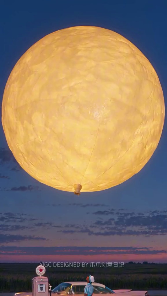Açık mavi gökyüzünde büyük, sarımsı bir balon yukarıda süzülüyor.