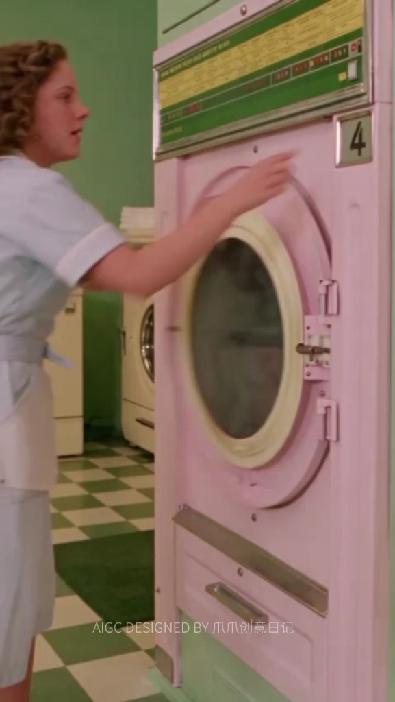 Pembe bir çamaşır makinesiyle ilgilenen bir kadın, çamaşırhanede çalışıyor.