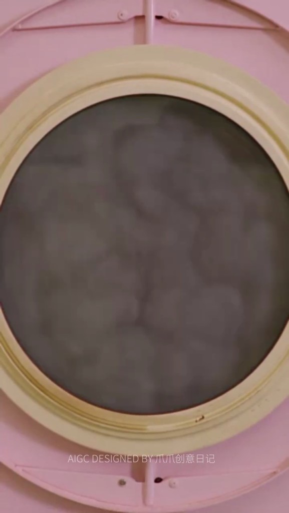 Yuvarlak bir pencere çerçevesi içinde bulanık bir görüntü, pembe bir arka plana sahip.