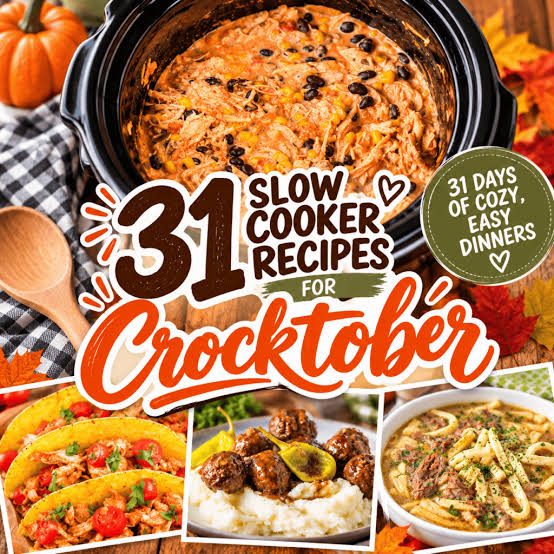 Yavaş pişirici için 31 tarifin yer aldığı, "Crocktober" temalı bir yemek görseli. Ortada yavaş pişiricide pişirilmiş bir yemek görünüyor, etrafında taco, köfte ve makarna çeşitleri yer alıyor.
