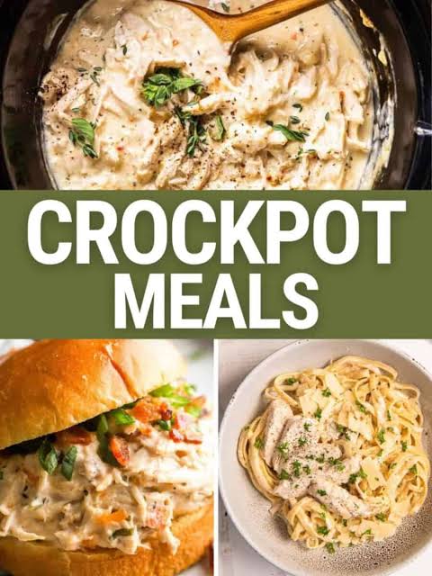 Crockpot yemek tariflerini içeren bir görsel; üstte krema soslu tavuk yemeği, altta bir sandviç ve makarna görselleri yer alıyor.