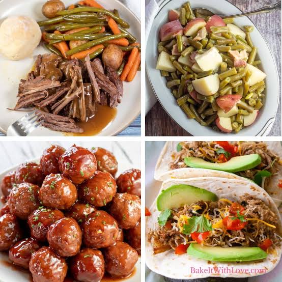 Dört farklı tabakta çeşitli yemeklerin fotoğrafı. Üst solda et, sebze ve sos ile servis edilen yemek, üst sağda patatesli yeşil fasulye, alt solda soslu köfte tabak, alt sağda tacos içinde et, avokado ve sebzeler yer almakta.